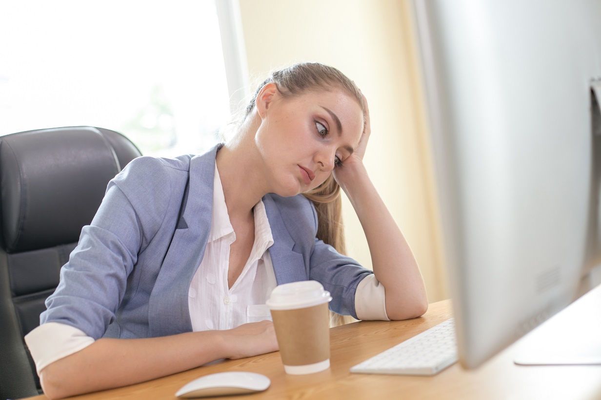 Business woman boring when she work at office. Woman working over time with stress situation. People working concept. problem areas, goals, goal setting